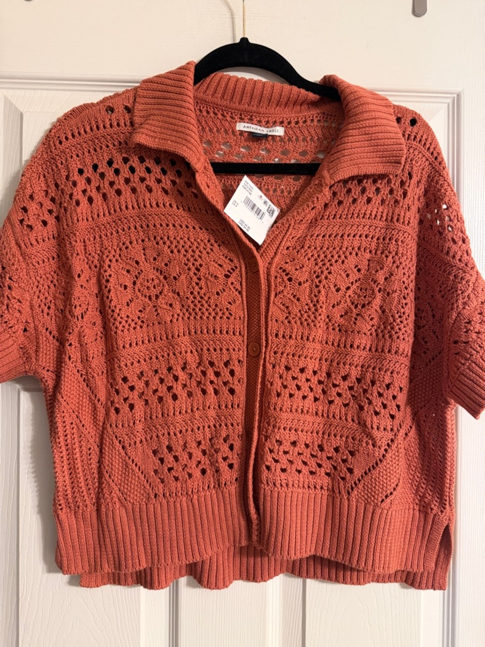 American Eagle Outfitters Coral Open-Knit Short Sleeve Cardigan